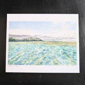 Art PRINT - Small Landscape of Kaneohe Bay Sand Bar at mid-day- Oahu Watercolor